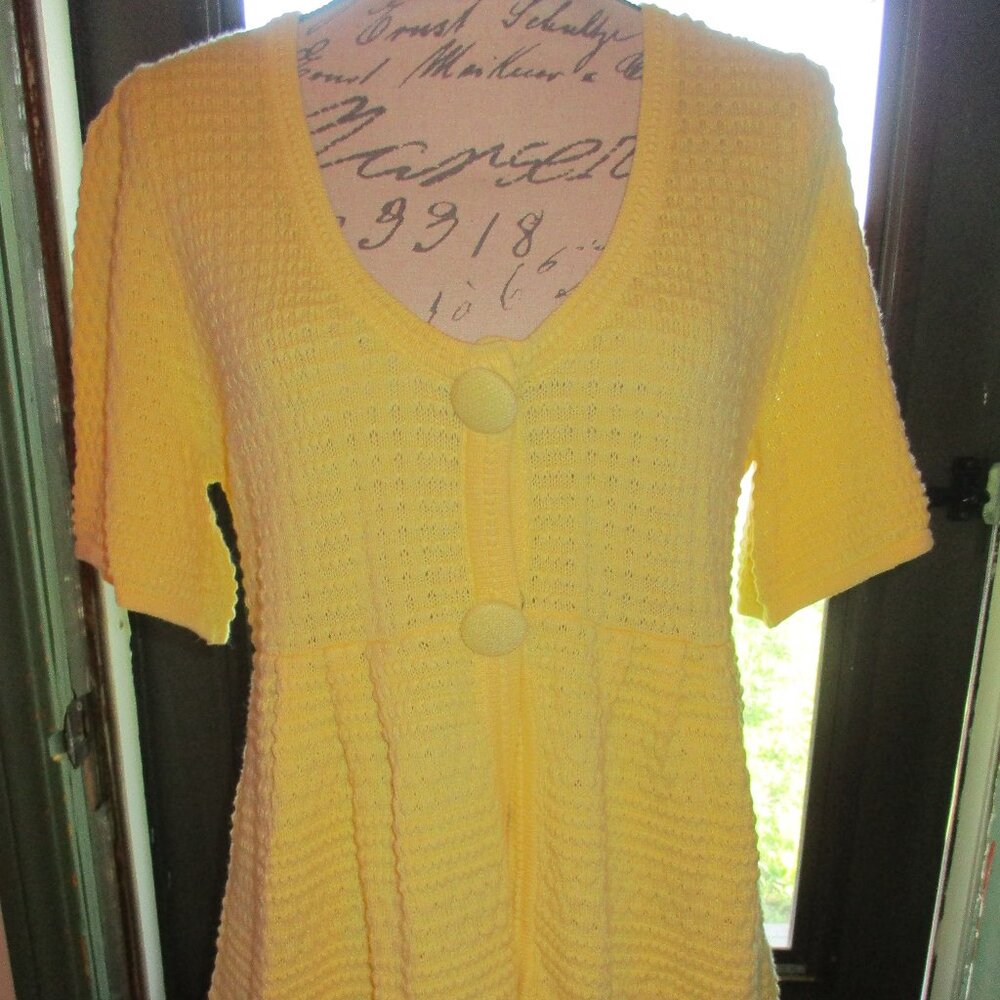 Cato Bright Yellow Cable Knit Short Sleeved Button-Up Sweater  w/Round Neckline